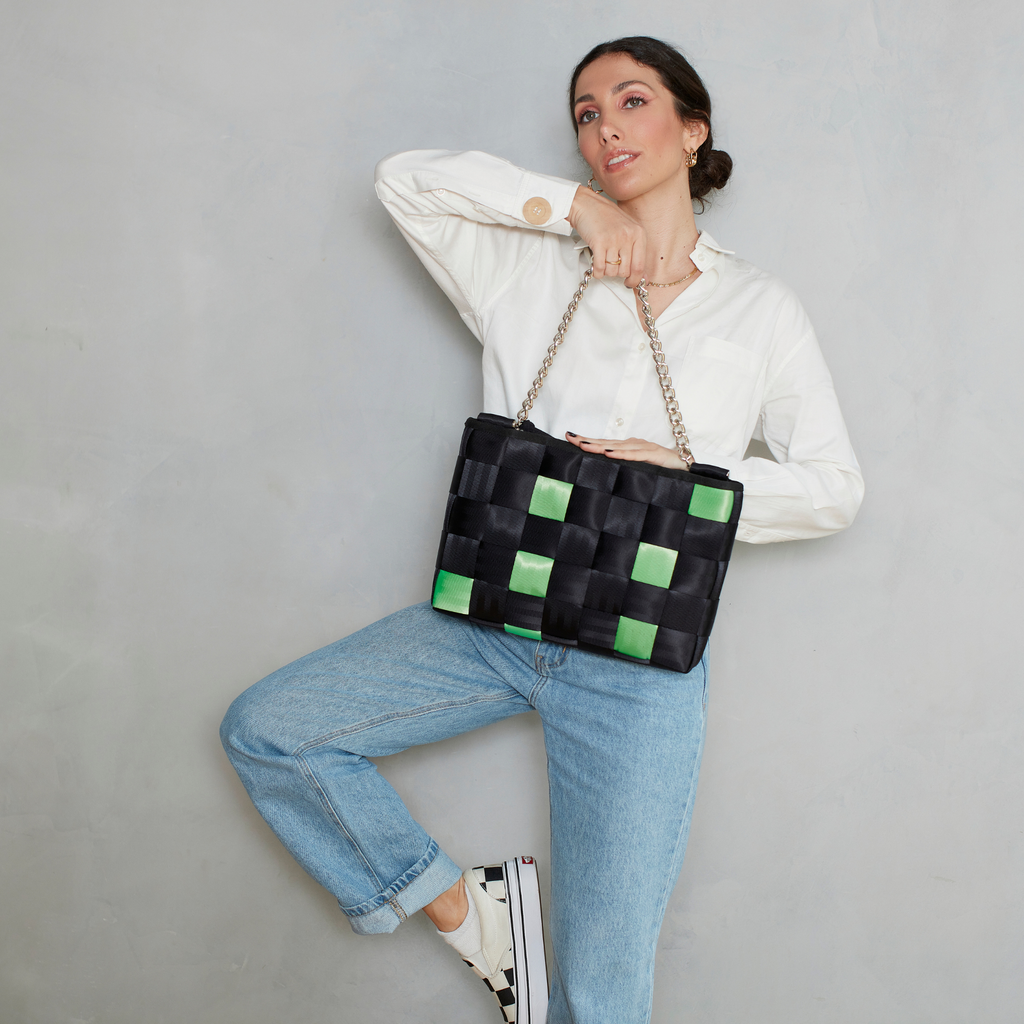 Black and Neon Green Patty Woven Chain Bag